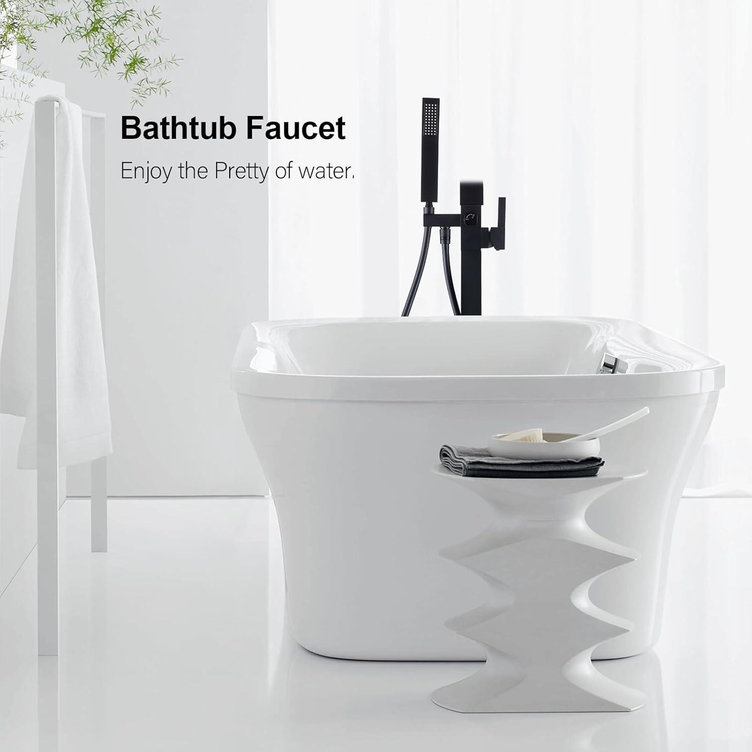 Matte Black Brass Waterfall Freestanding Tub Faucet with Hand Shower