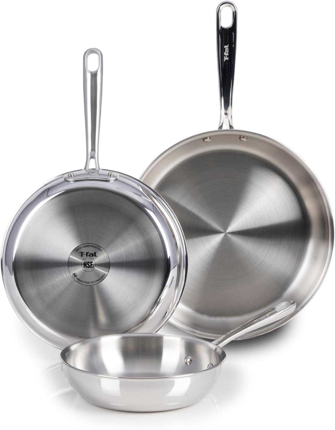 T-fal 3 Piece Stainless Steel Fry Pan Set, 8", 10" & 12", Pro Tri-Ply, Silver