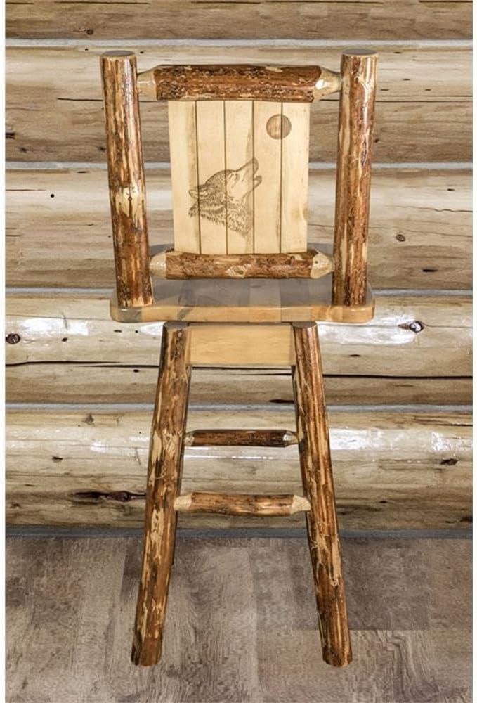 Rustic Lodge Pole Pine Swivel Barstool with Laser-Engraved Wolf