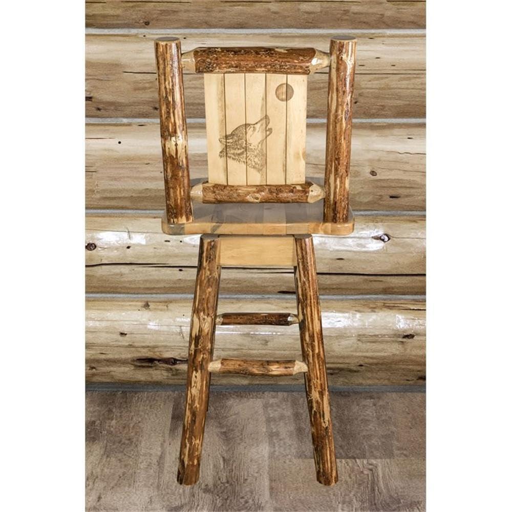 Rustic Lodge Pole Pine Swivel Barstool with Laser-Engraved Wolf