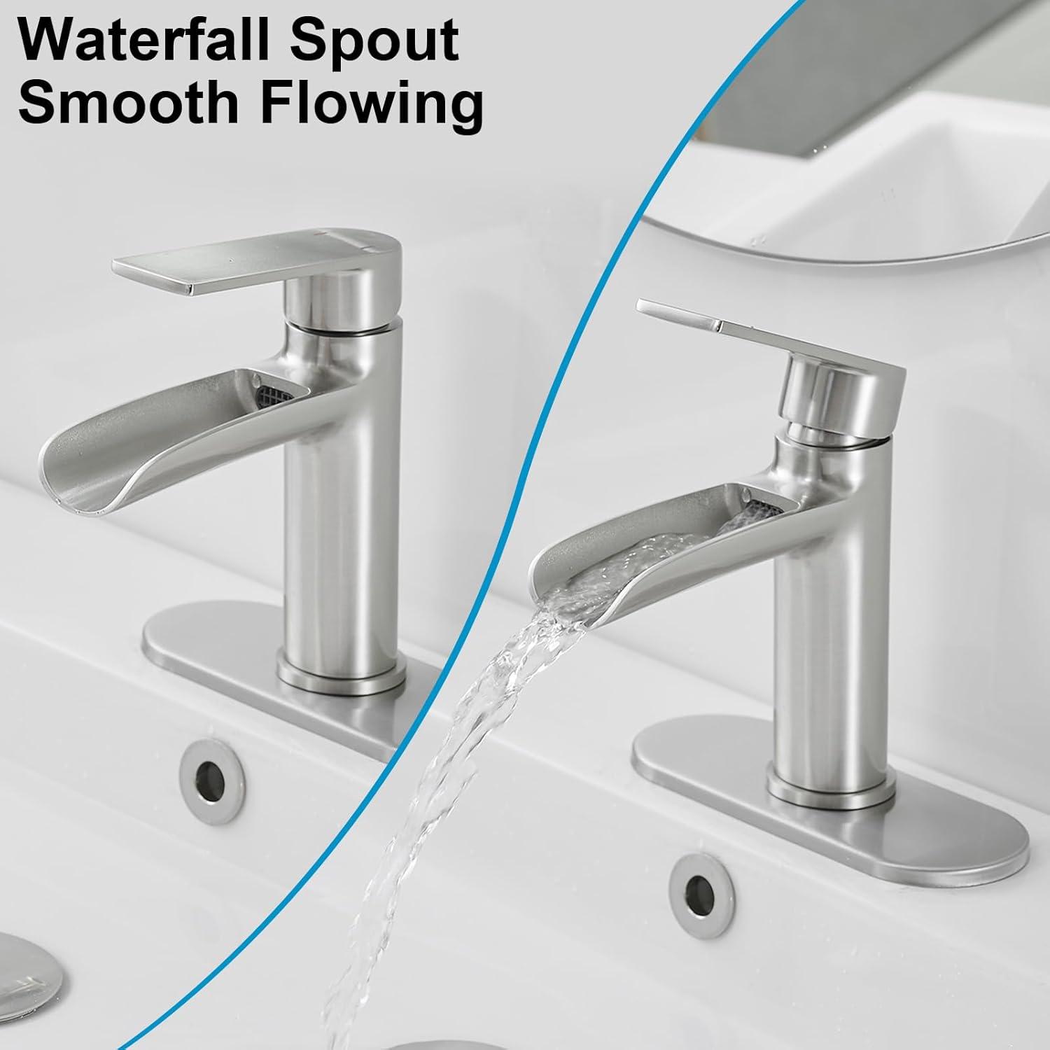 BWE Bathroom Faucets Waterfall Bathroom Faucet with Pop Up Drain for Bathroom Sink Single Hole Farmhouse RV Bathroom Basin Faucet Brushed Nickel