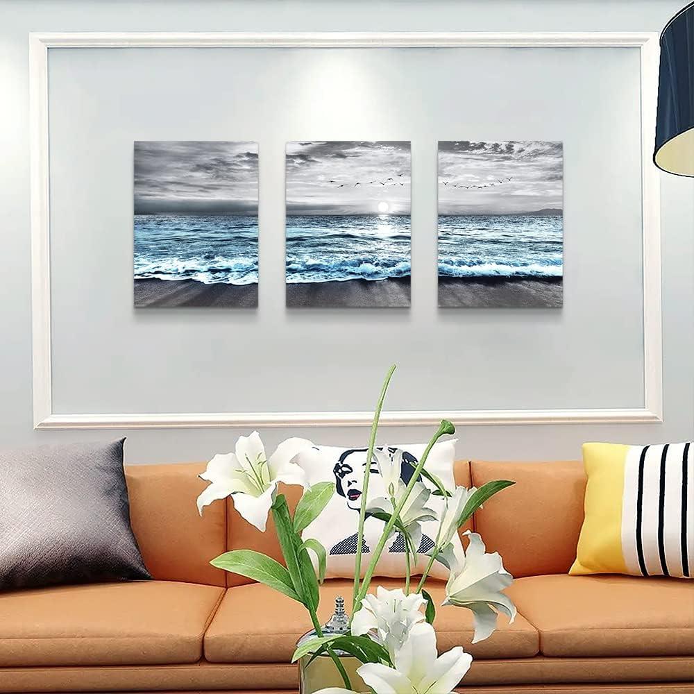 Wall Decorations For Living Room 3 Piece Framed Canvas Wall Art For Bedroom Office Wall Decor Black And White Wall Painting Blue Ocean Sea Wave Pictures Artwork For Modern Beach Posters Home Decor