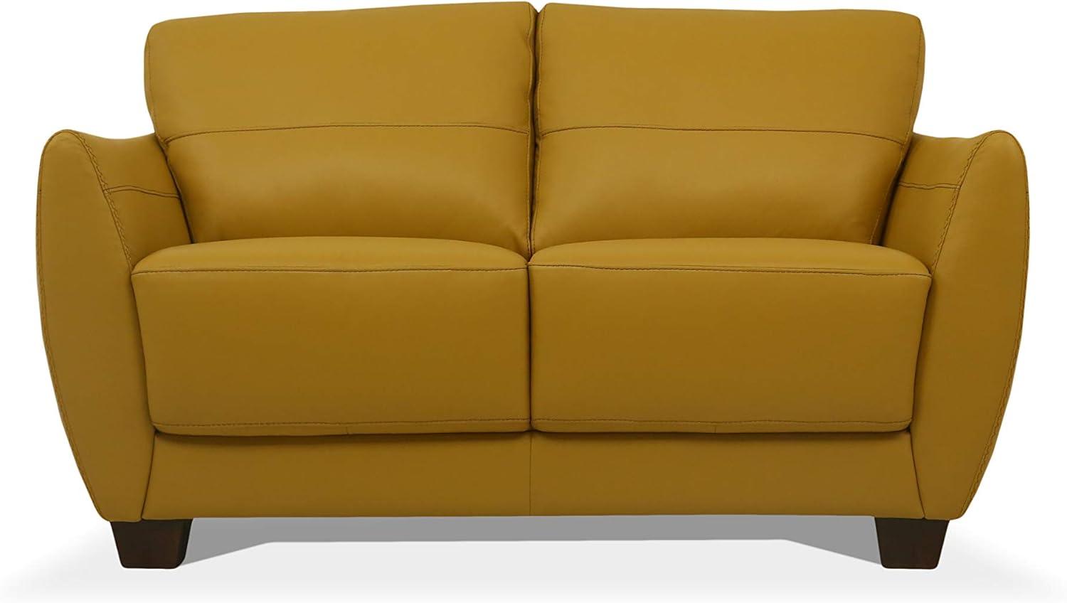 Mustard Leather Loveseat with Flared Arms and Wood Legs