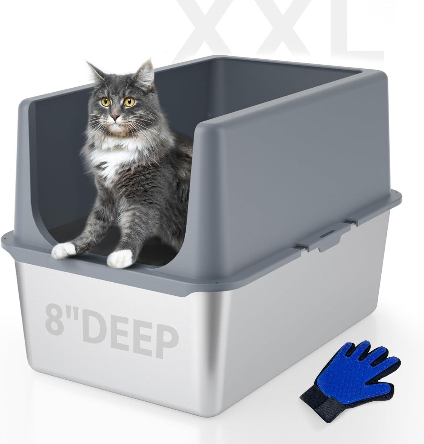 Enclosed Stainless Steel Cat Litter Box with Lid Extra Large Litter Box for Big Cats XL Metal Litter Pan Tray with High Wall Sides Enclosure, Non-Sticky, Anti-Leakage, Easy Cleaning