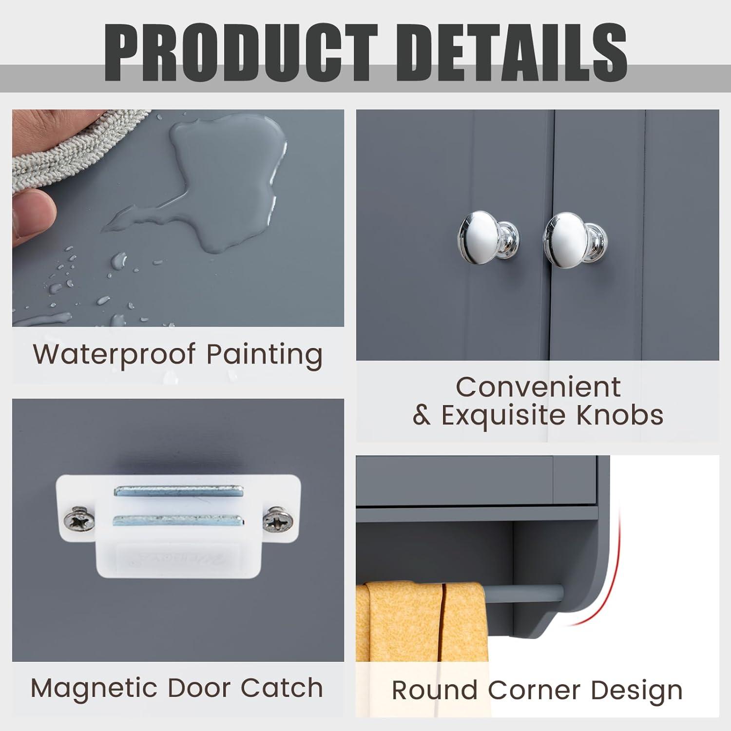 LOKO Wall Mounted Bathroom Cabinet with Towel Bar, Hanging Over The Toilet Storage Cabinet w/Adjustable Shelf, Medicine Cabinet Space-Saving Storage Organizer for Bathroom or Kitchen (Grey)