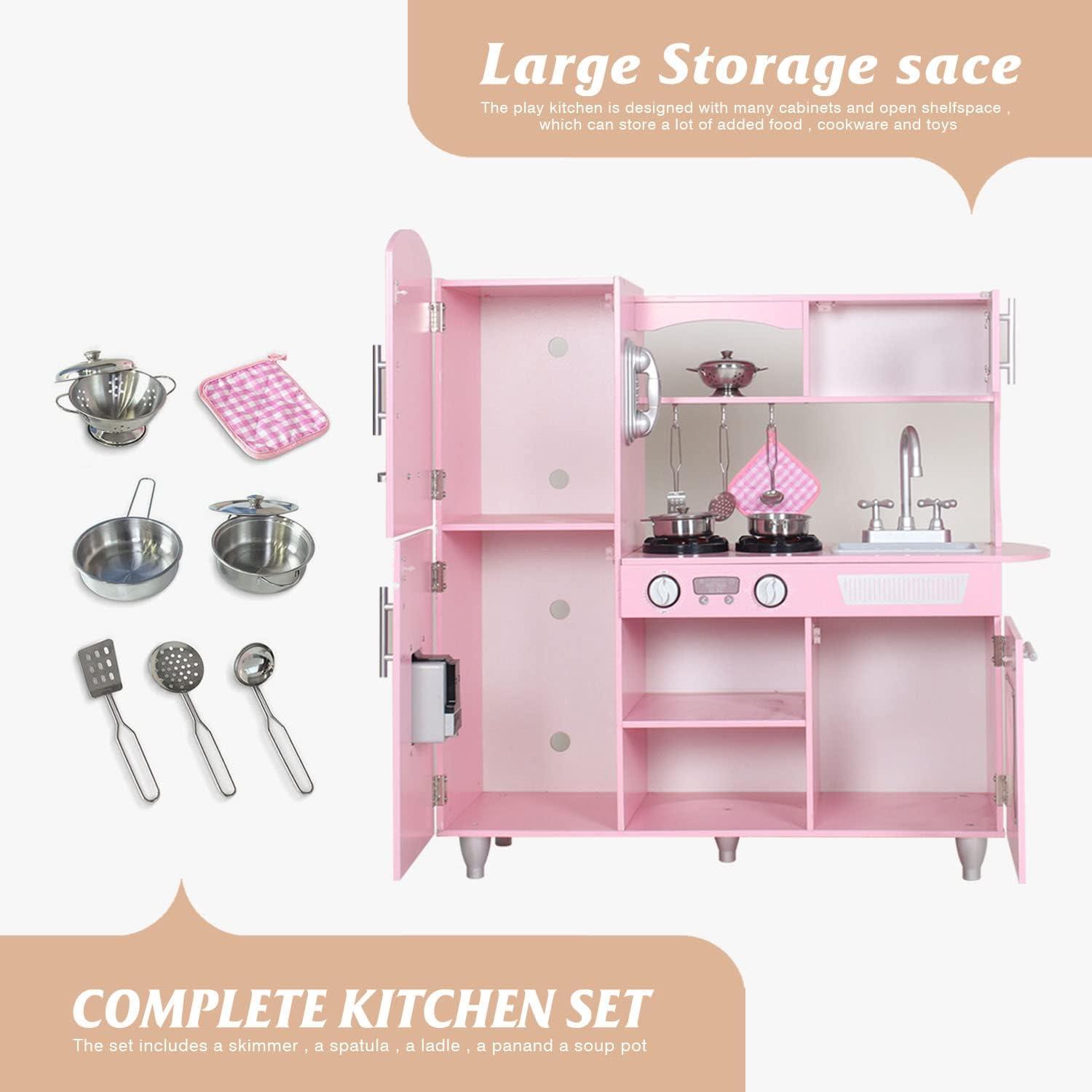 Pink Wooden Play Kitchen Set with LED Lights and Sounds