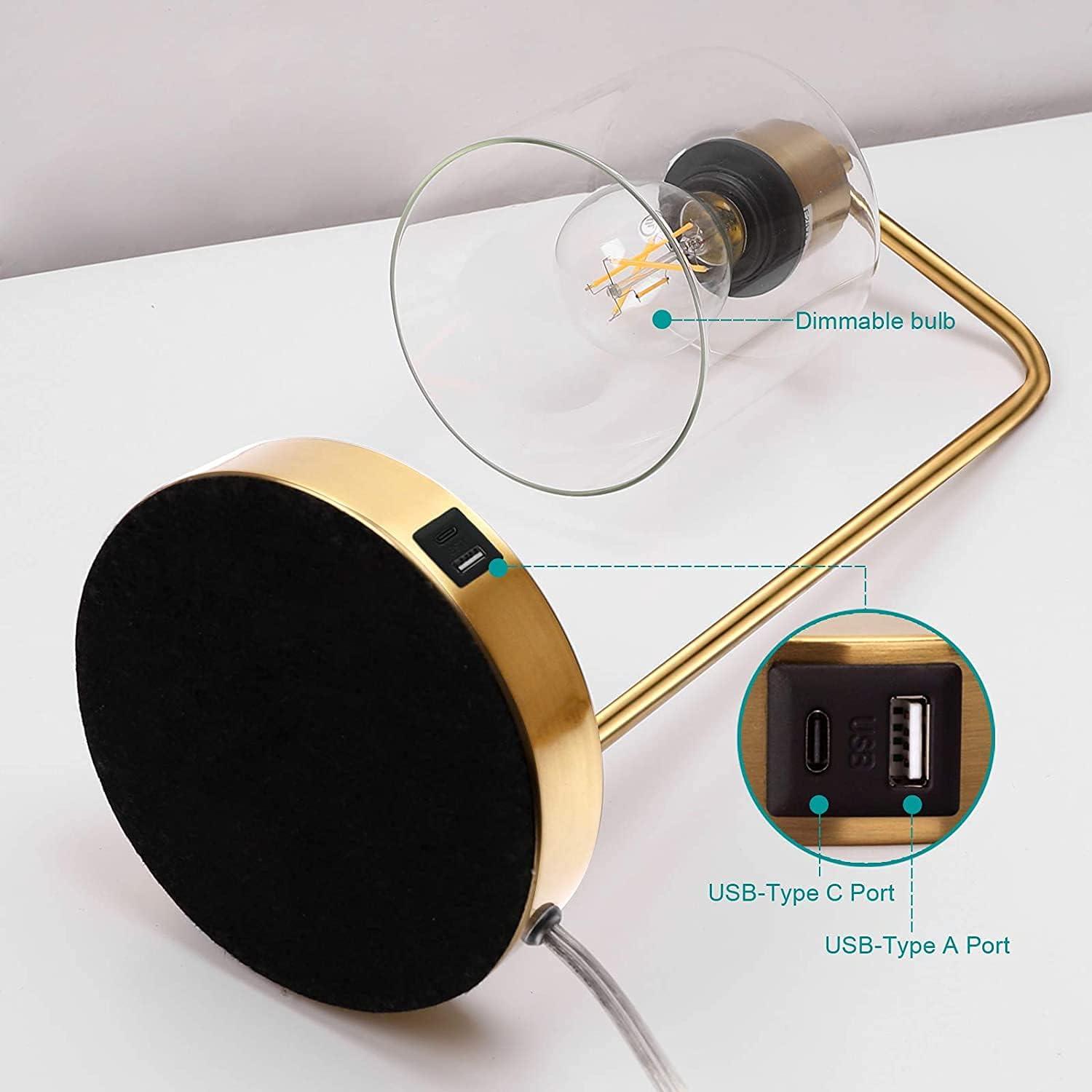 【Upgraded】Set of 2 Industrial Table Lamps with 2 USB Port, Fully Stepless Dimmable Bedside Lamps for Bedroom, Nightstand Desk Lamps with Glass Shade for Bedroom Living Room Office 2 LED Bulb Included