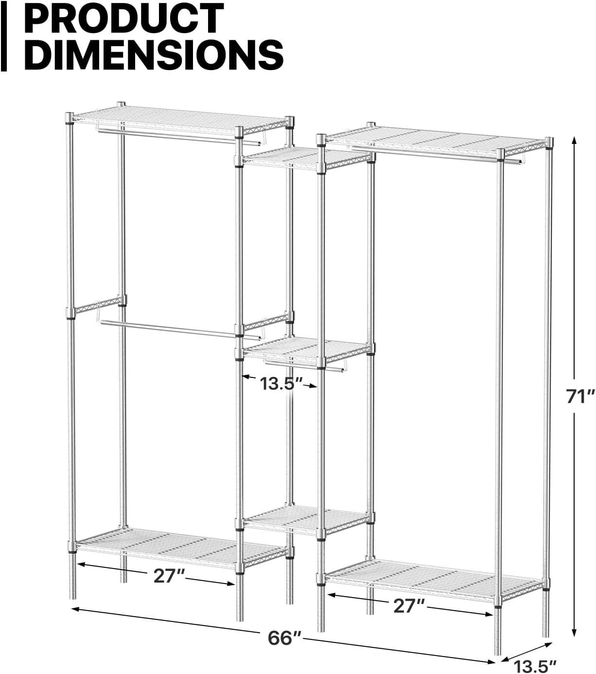 MoNiBloom Heavy Duty Clothes Rack, Clothing Rack for Hanging Clothes, Carbon Steel Garment Rack, Adjustable and Easy Assembly, 66"Lx13.5"Wx71"H, Silver