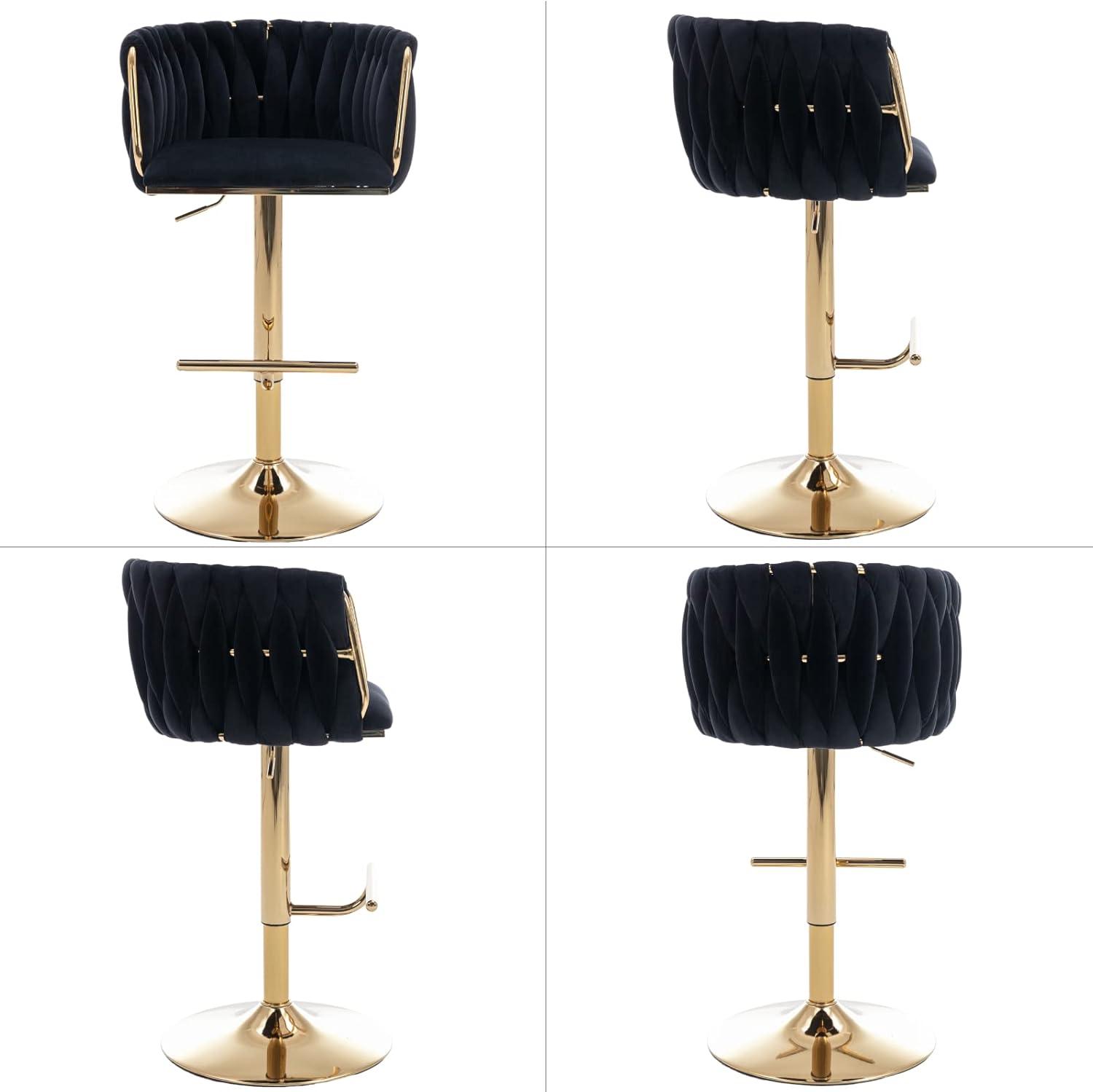 Velvet Bar Stools Set of 2, Counter Height Bar Stools with Low Back, Gold Swivel Barstools for Kitchen Island, Bar Pub (Grey)