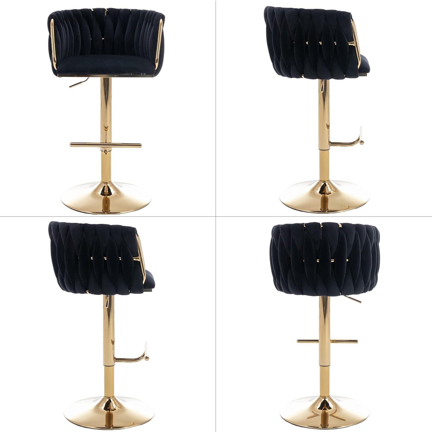 Velvet Bar Stools Set of 2, Counter Height Bar Stools with Low Back, Gold Swivel Barstools for Kitchen Island, Bar Pub (Grey)