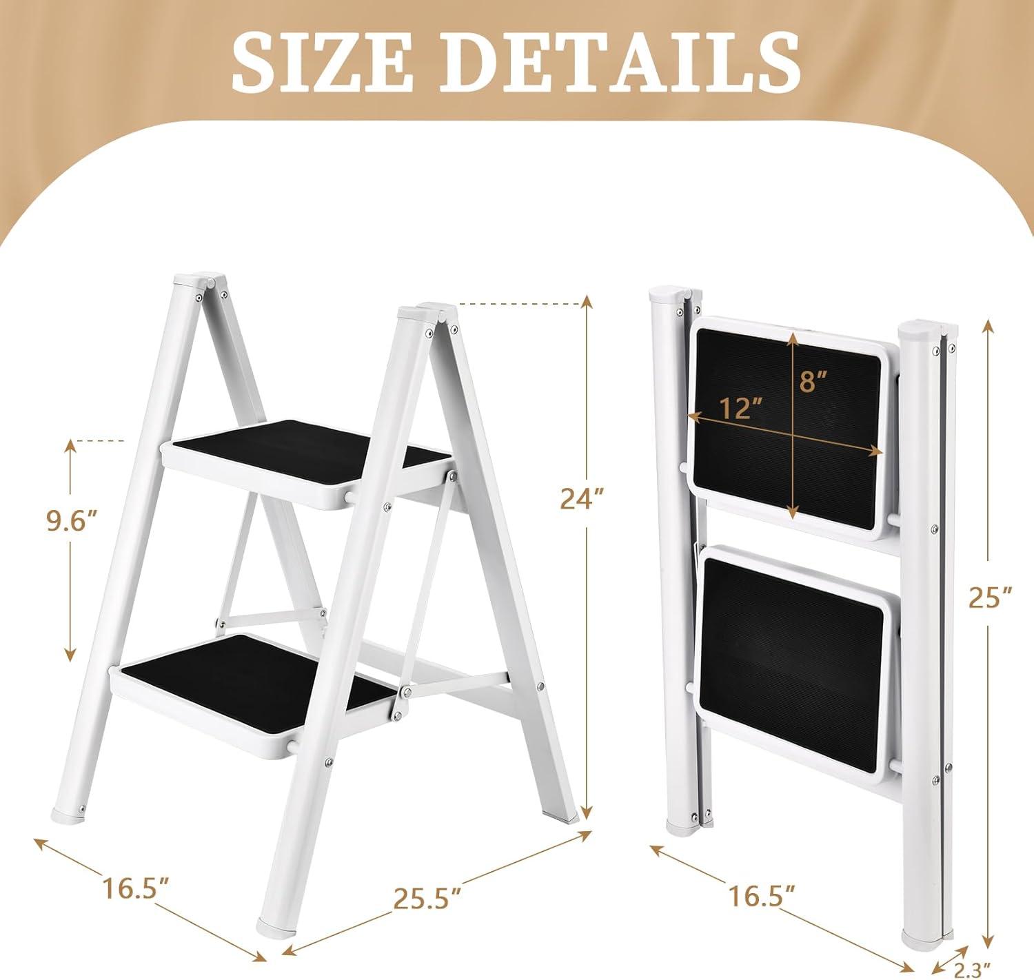 White Foldable 2-Step Steel Ladder with Anti-Slip Pedals