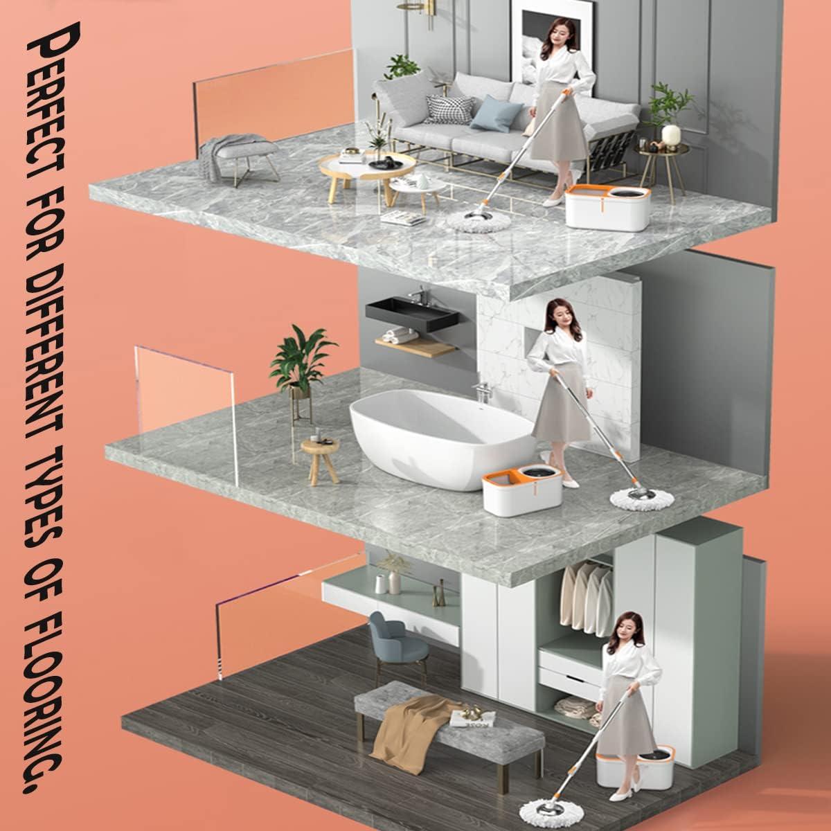 Spin Mop Bucket with Wringer System Extended Mop Handle 61＂Mop and Bucket for Floors Cleaning with 5 Replacement Head Refill 1 Cleaning Brush Head