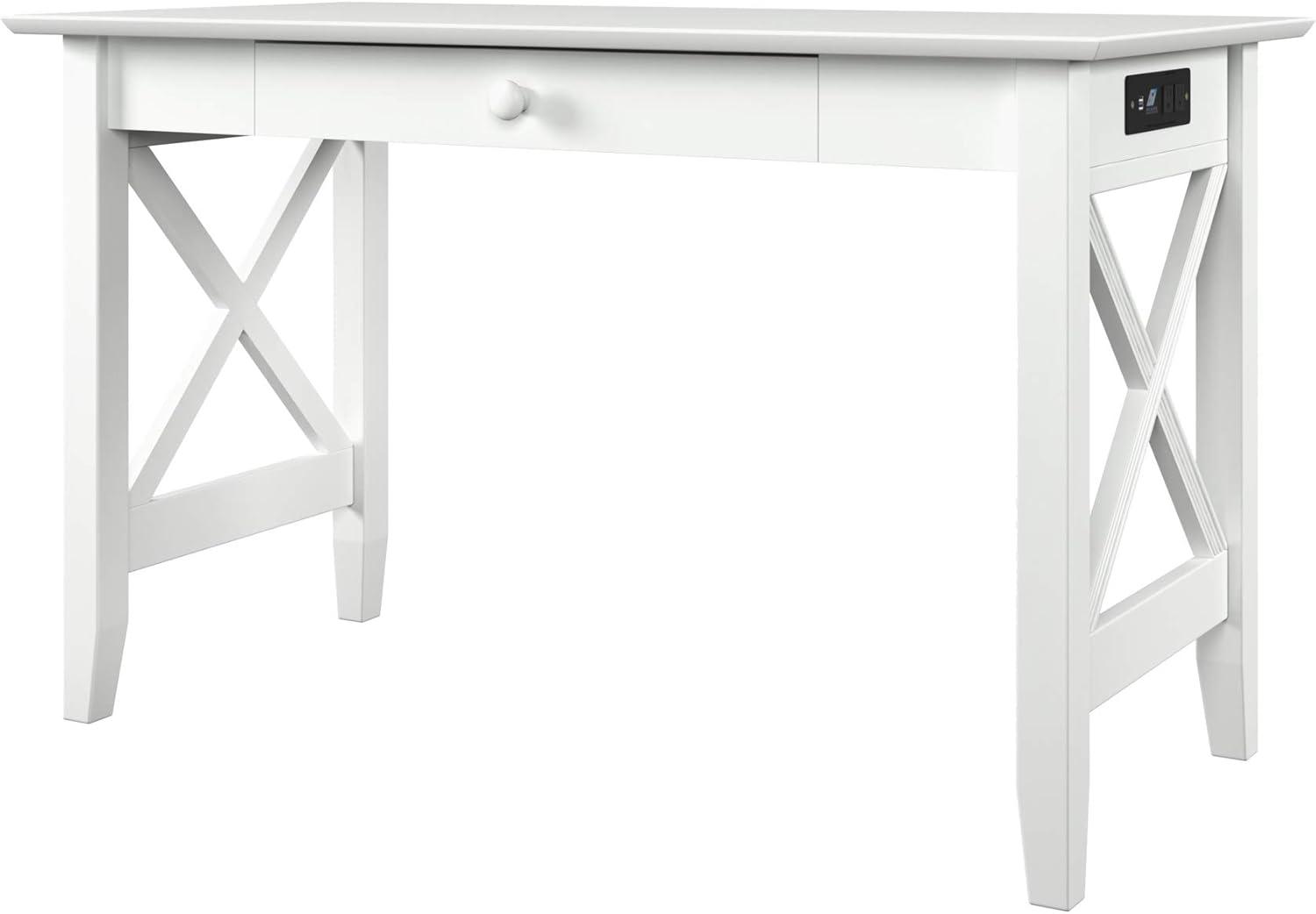 AFI X Design Solid Wood Writing Desk with Felt Drawer & Charging Station in White