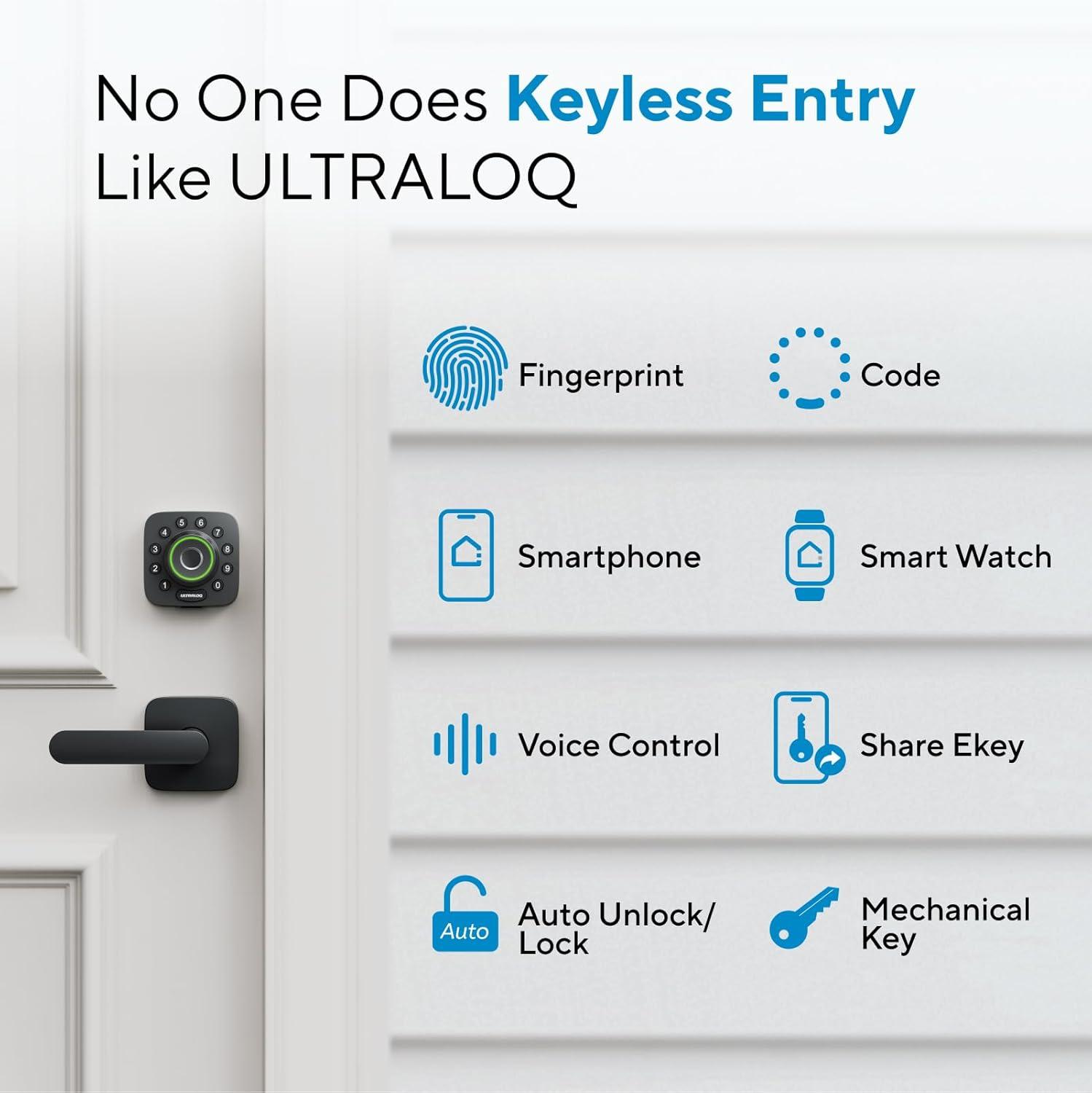 ULTRALOQ U-Bolt Pro WiFi Smart Lock with Handle, Fingerprint Smart Front Door Lock Set with Sensor, Keyless Entry Deadbolt with 2 Lever Handles, Auto Unlock, App Control, ANSI Grade 1, Easy Install