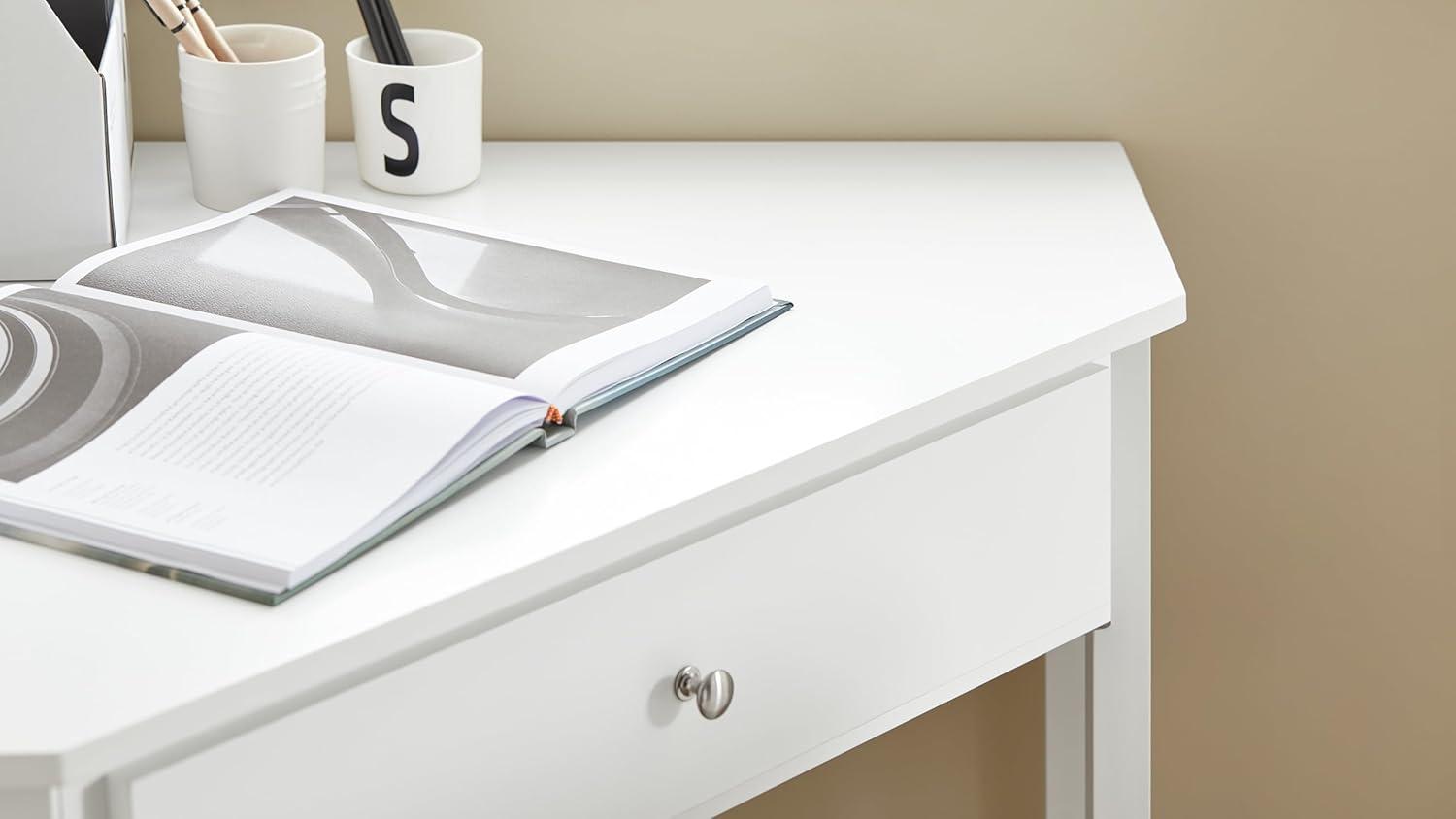 Haotian Floor Standing Corner Desk Triangle Computer Desk with Drawer and Shelf, Home Office Desk, Computer Workstation, White FWT31-W