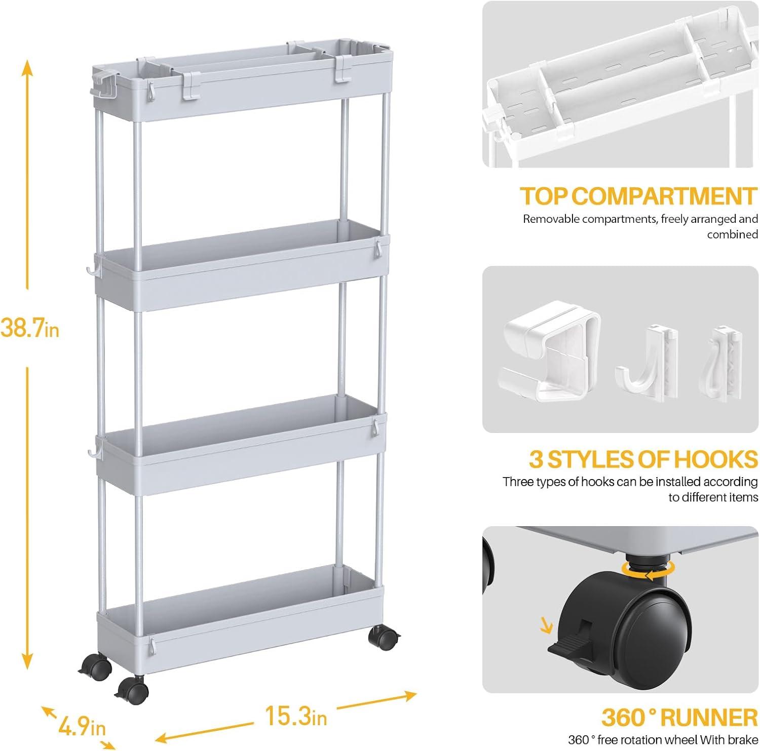 Slim Gray Plastic 4-Tier Rolling Storage Cart