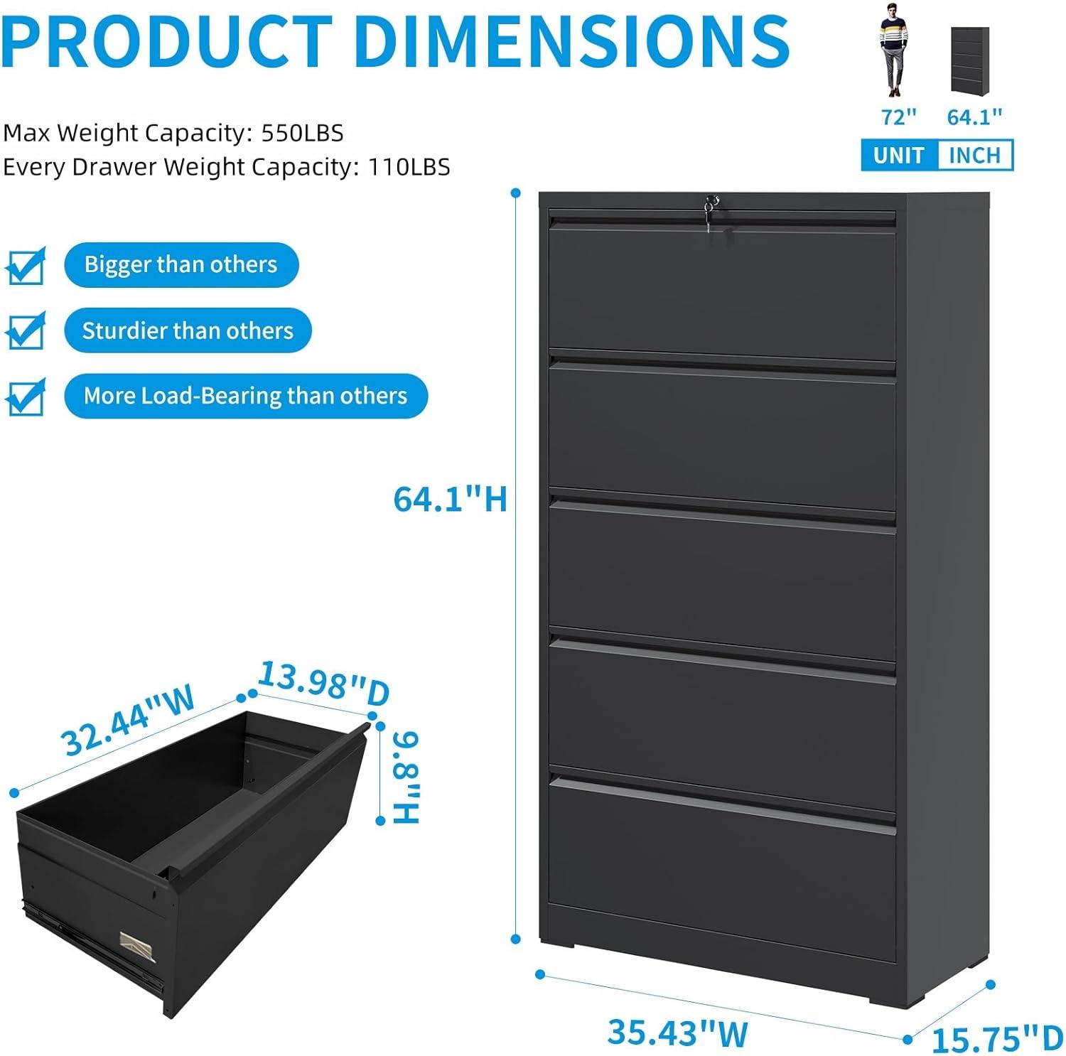 DeeHome 5 Drawer Metal Lateral File Cabinet , Black Filing Cabinet with Lock, Lockable File Cabinet for Home Office, Locking Metal File Cabinet for Legal/Letter/A4/F4 Size