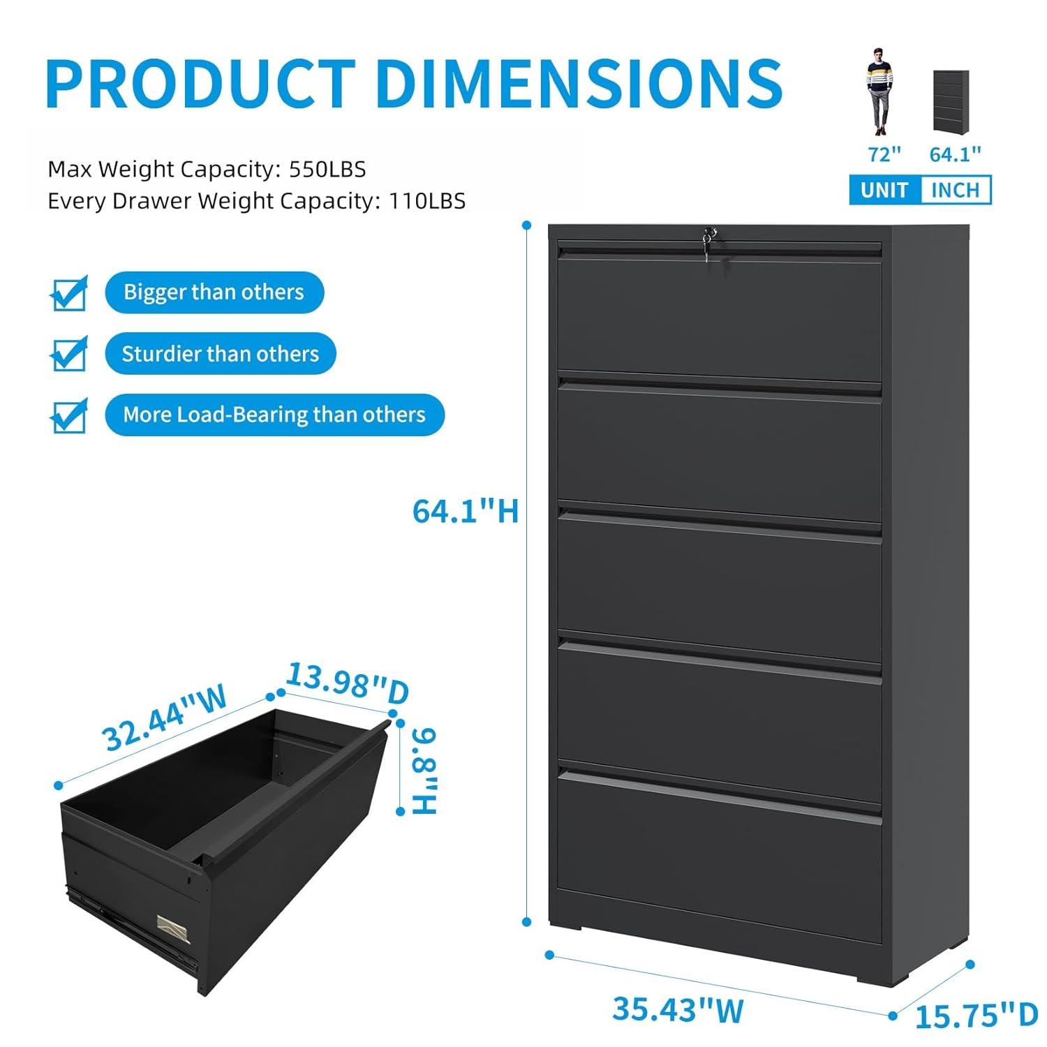 DeeHome 5 Drawer Metal Lateral File Cabinet , Black Filing Cabinet with Lock, Lockable File Cabinet for Home Office, Locking Metal File Cabinet for Legal/Letter/A4/F4 Size