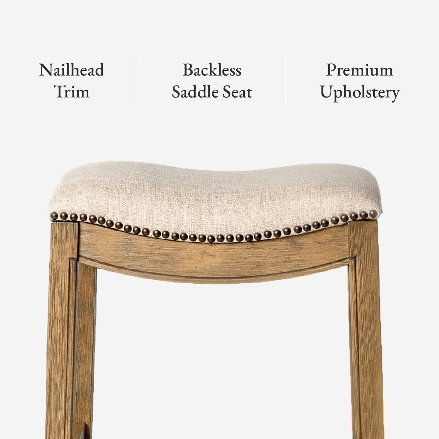 Maven Lane Adrien 31 Inch Bar Height Upholstered Backless Saddle Barstool in Natural Wood Finish with Wheat Cream Fabric Cushion Seat, Set of 2