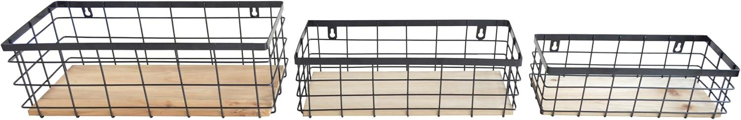 Metal Wire Basket Detachable Wood Base Storage Organizer Farmhouse Small Bins for Kitchen Cabinets, Bathroom, Pantry, Laundry Room, Closets Set of 2,Black Color