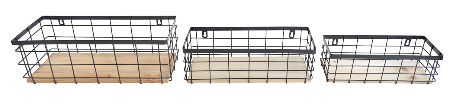 Metal Wire Basket Detachable Wood Base Storage Organizer Farmhouse Small Bins for Kitchen Cabinets, Bathroom, Pantry, Laundry Room, Closets Set of 2,Black Color
