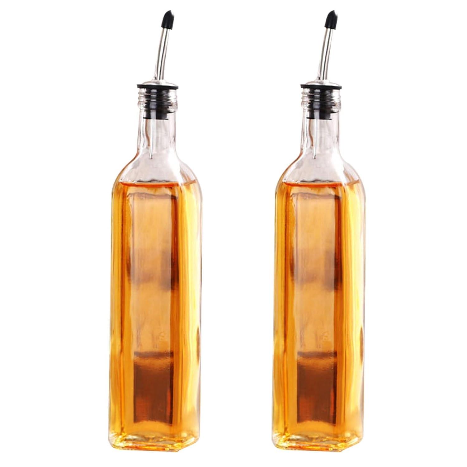 Soro Essentials- Set of 2- Glass 16 oz. Square Cruet with Stainless Steel Pourer - Vinegar and Olive Oil Bottle Dispenser Oil Bottles for Kitchen with Pourers Square Glass Oil Container