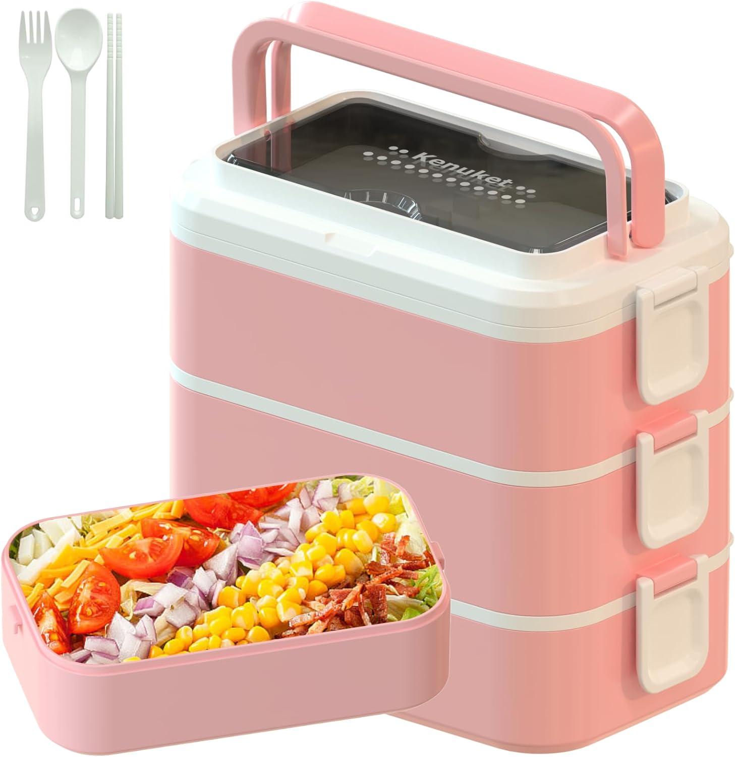 Stackable Bento Box Adult Lunch Box, 3000ML Large Capacity On-the-Go 3 Layers, Leakproof Microwave Safe Lunch Containers with Utensil Set, Dividers, Sauce Boxes for Kids and Adults