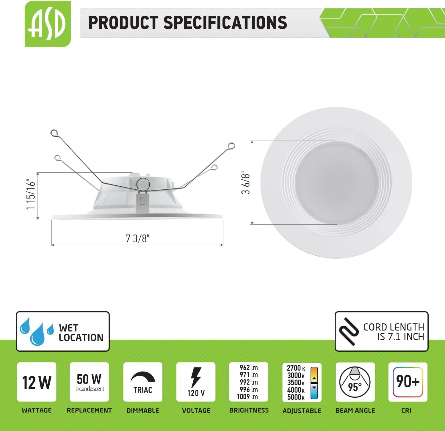 ASD Retrofit LED Recessed Lighting 6 Inch | 12W 1009 Lm Wet Rated Dimmable Ceiling LED Downlights | 2700K-5000K Adjustable CRI90 White LED Room Recessed Light Fixtures | LED Can Lights, UL 6 Pack