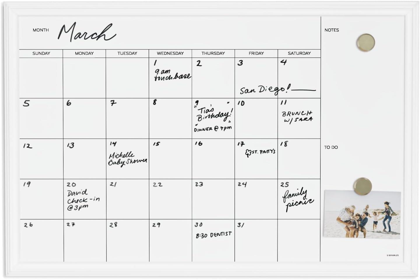 U Brands 40"x30" Magnetic Dry Erase Calendar Board White Decor Frame