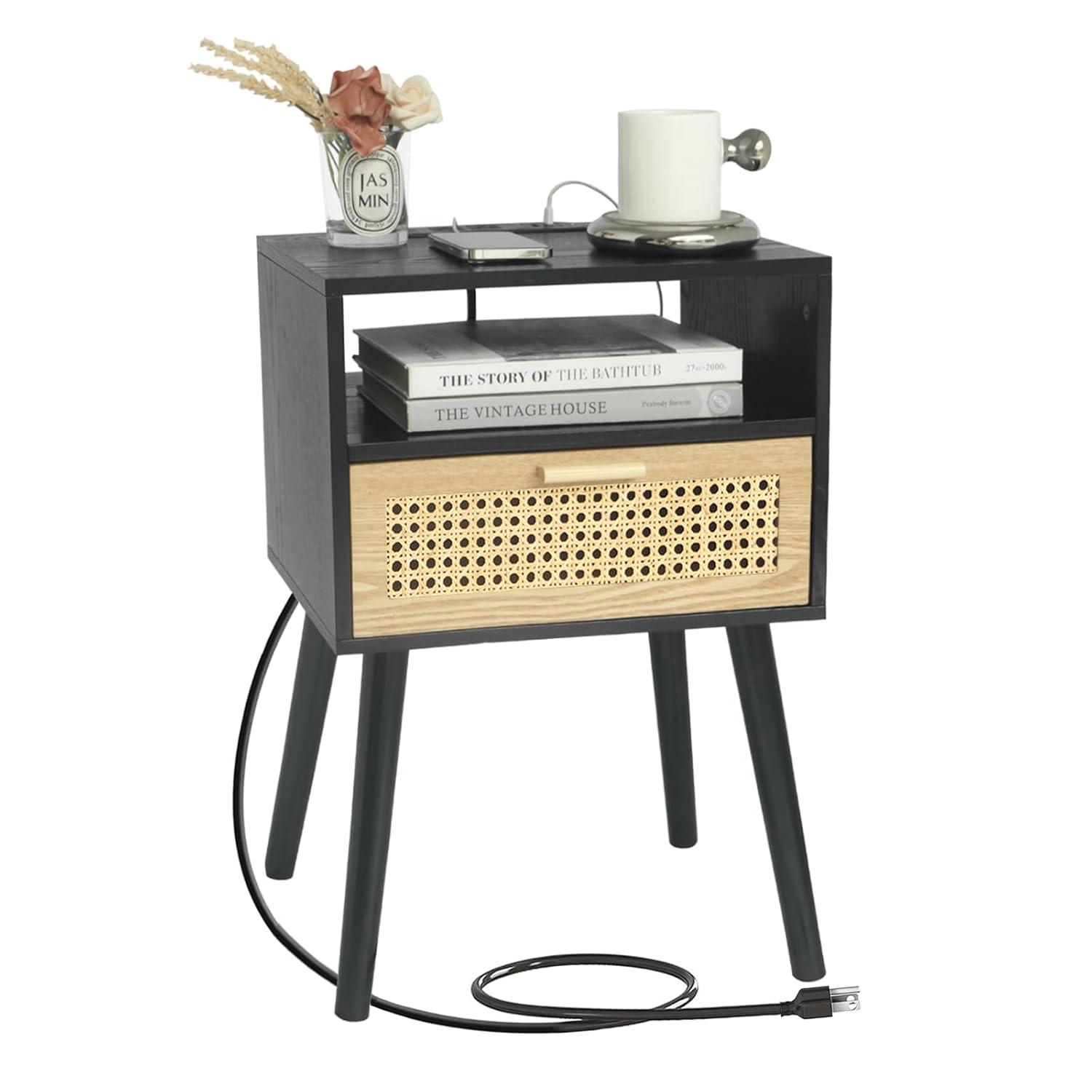 MaxSmeo Mid Century Modern Nightstand with Charging Station, Bedside Tables with Rattan Drawer, Small Wood Nightstand Side Table for Living Room,Bedroom (Black)