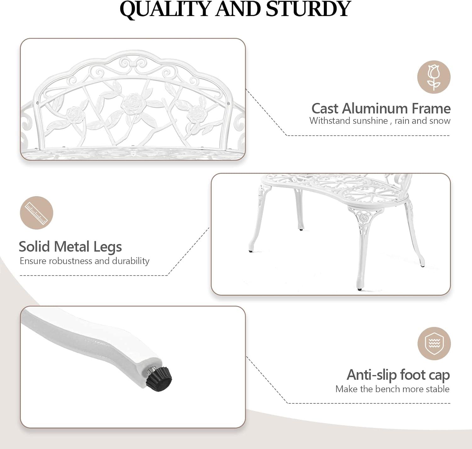 WANCQ 38.5" Patio Park Garden Outdoor Metal Rose Bench,Cast Iron Cast Aluminium Frame Antique Finish Chair,Accented Lawn Front Porch Path Yard Decor Deck Furniture for 2 Person Seat（White)