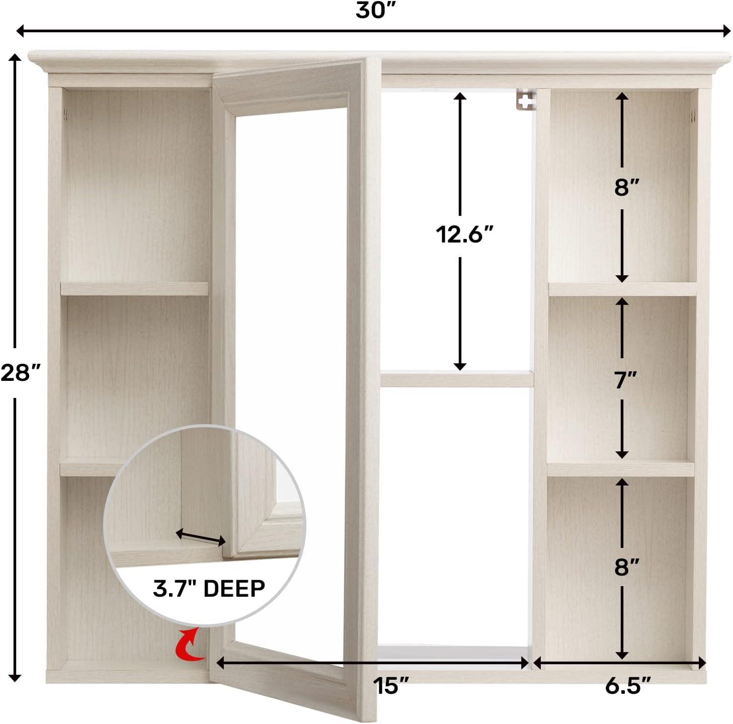ALIMORDEN Mirror Medicine Cabinet with Shelves, Bathroom Wall Storage Cabinet, 30 Inch x 28 Inch, Over The Vanity, Toilet (No Back Board), White with Wood Grain