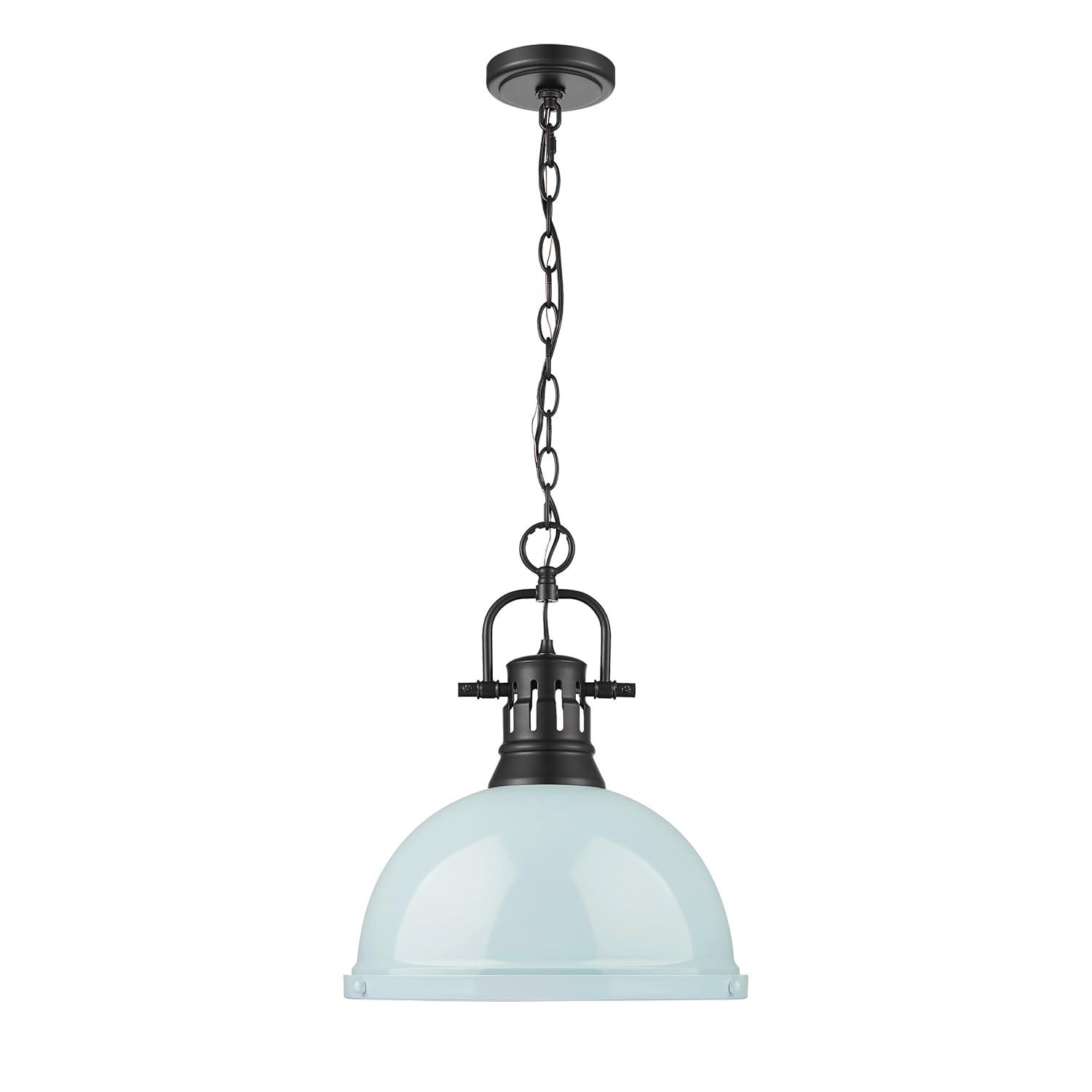 Golden Lighting Duncan 1-Light Large Pendant with Chain in Matte Black with Seafoam