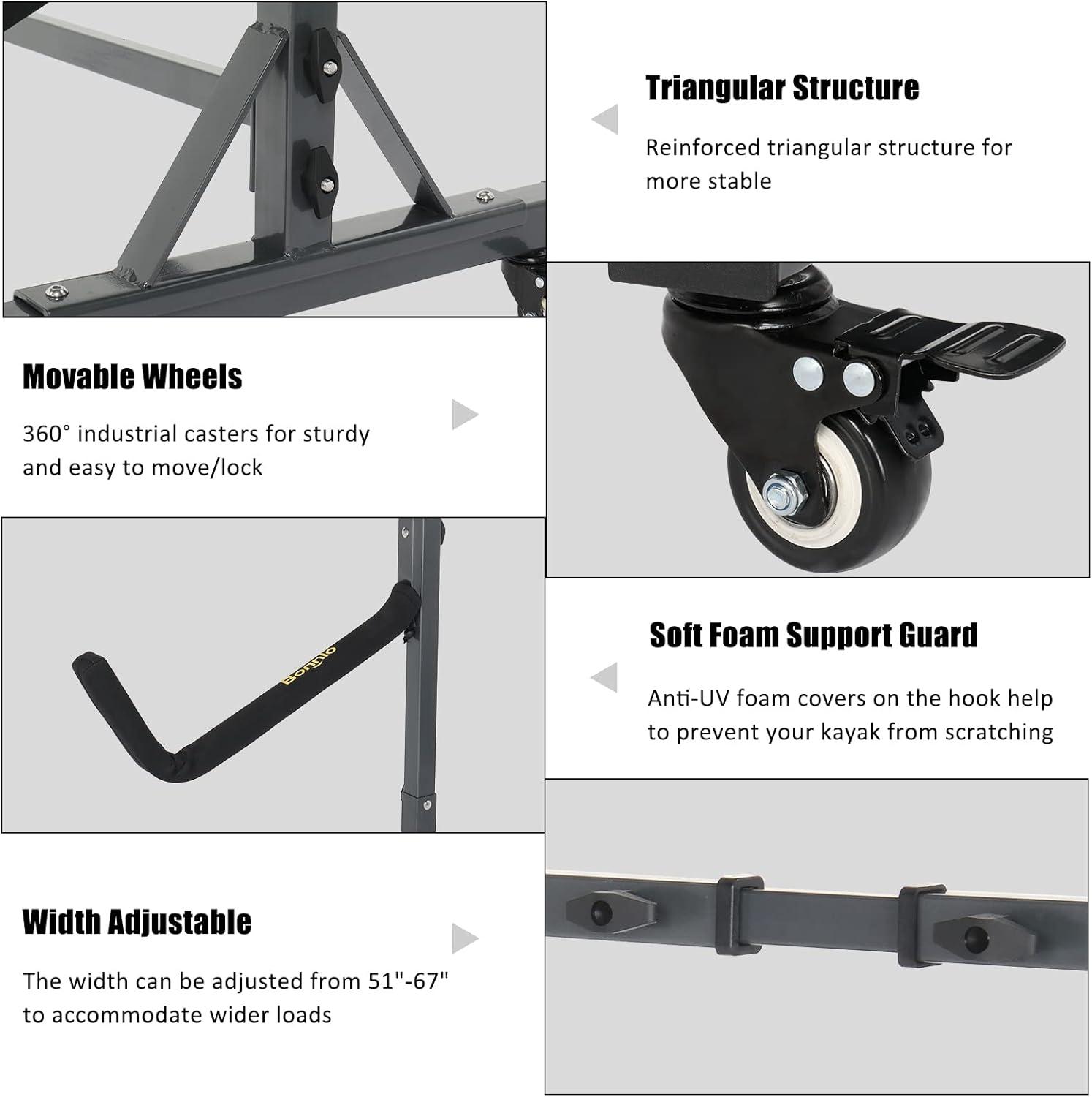 Bonnlo Kayak Stand Freestanding Storage Rack for Kayak Canoe Boat Paddle Board SUP Surfboard for Indoor Outdoor Garage, Shed, Dock with Lockable Wheels Wide Adjustable