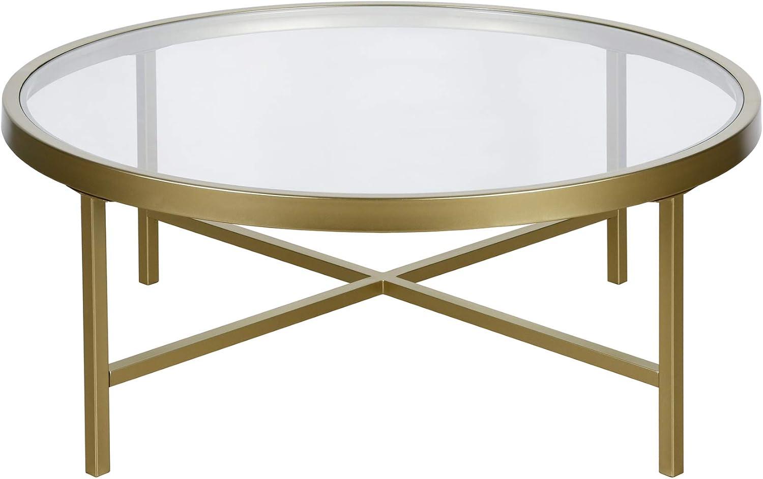 Elegant 36" Round Glass-Top Coffee Table with Brass Finish