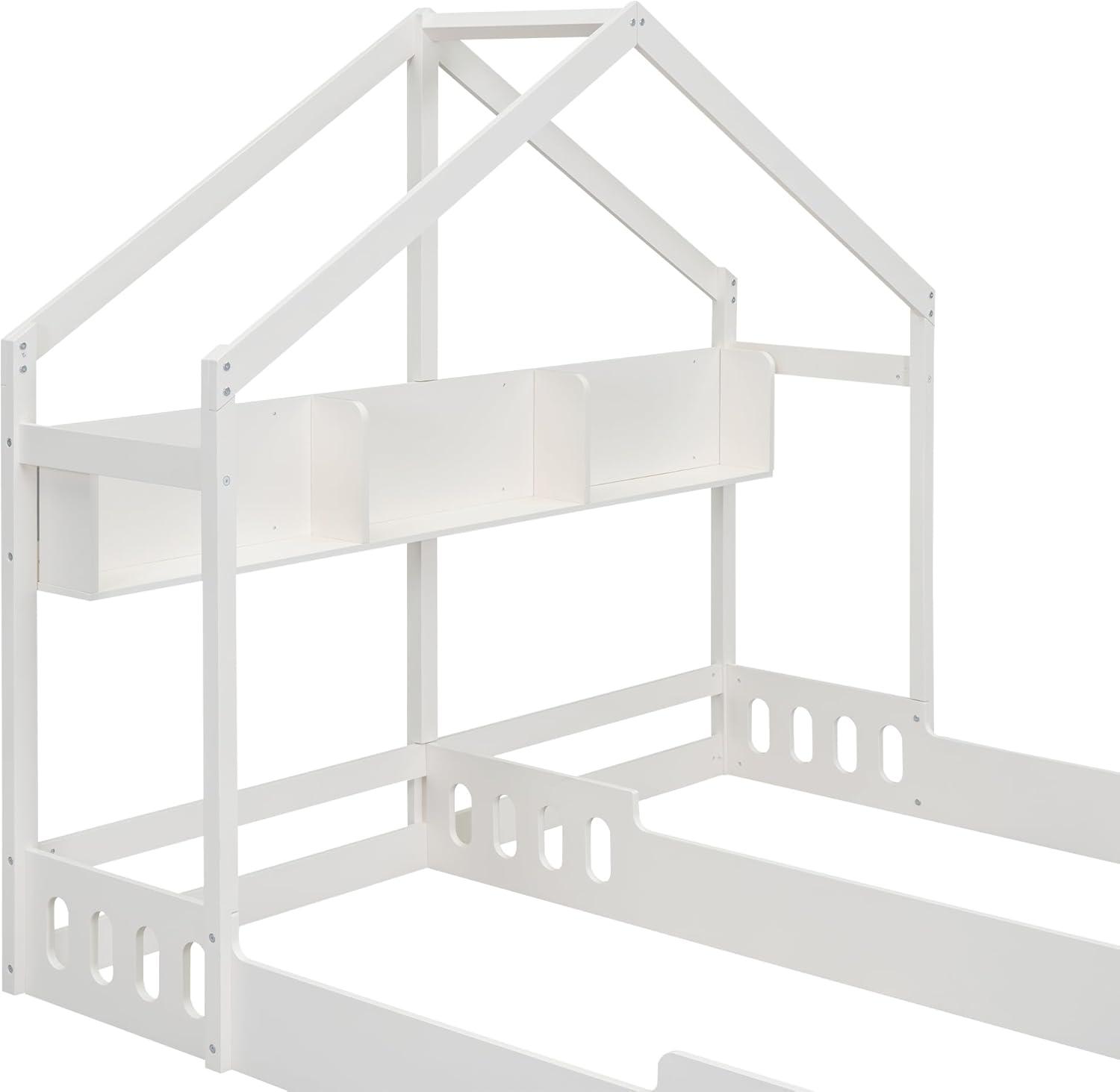 P PURLOVE Twin House Bed for 2 Kids,Double Twin Size Shared Beds with Fence Railings,House Montessori Floor Bed Frame Twin Size with Roof and Storage Shelves or Kids,Teens, Boys & Girls
