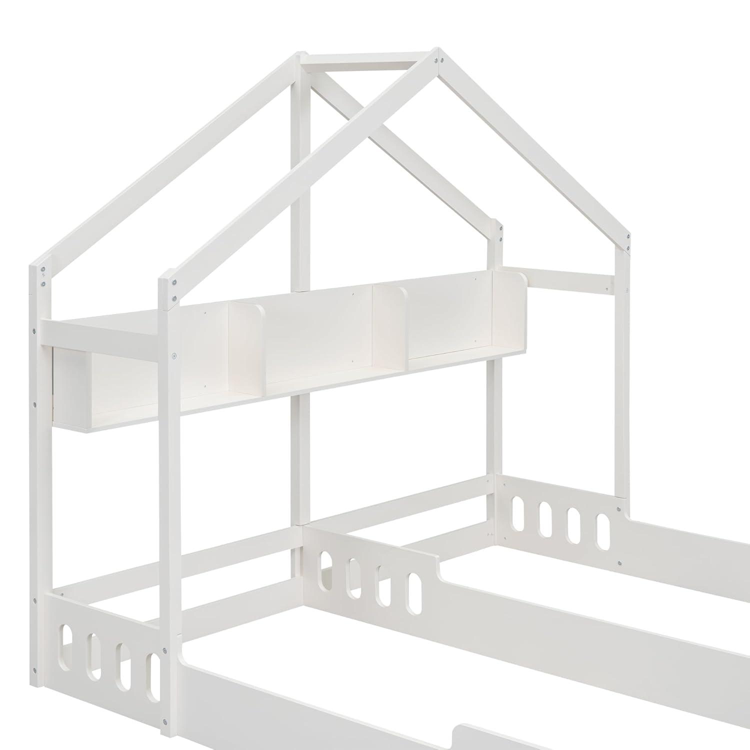 P PURLOVE Twin House Bed for 2 Kids,Twin Size Double Shared Beds with Fence Railings,House Montessori Floor Bed Frame with Roof and Storage Shelves or Kids,Teens, Boys & Girls