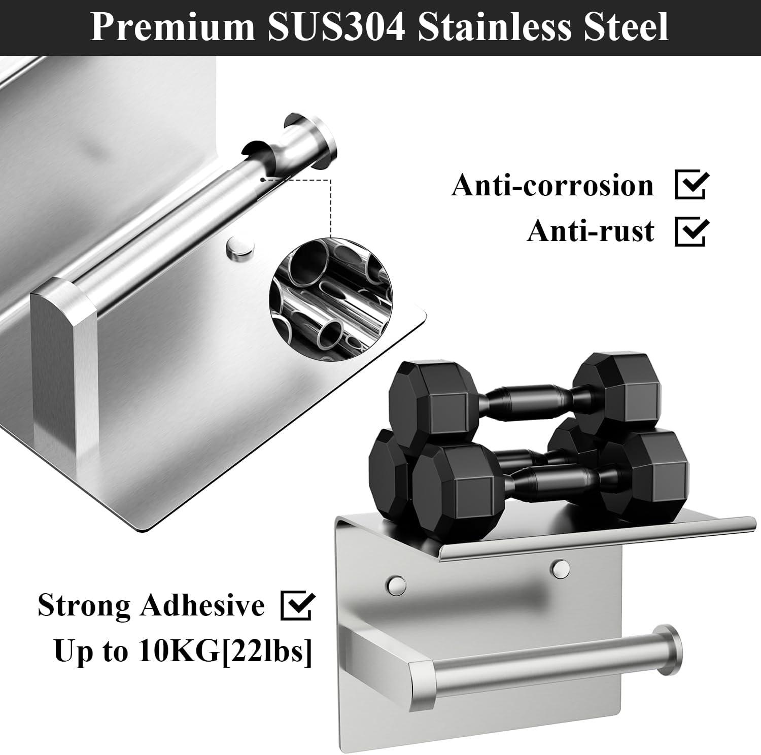 Tindbea Mega Size Toilet Paper Holder with Shelf + Towel Robe Hooks, Adhesive or Screw Wall Mounted Toilet Paper Roll Holder, Stainless Steel Bathroom Hardware Set (Brushed Nickel)