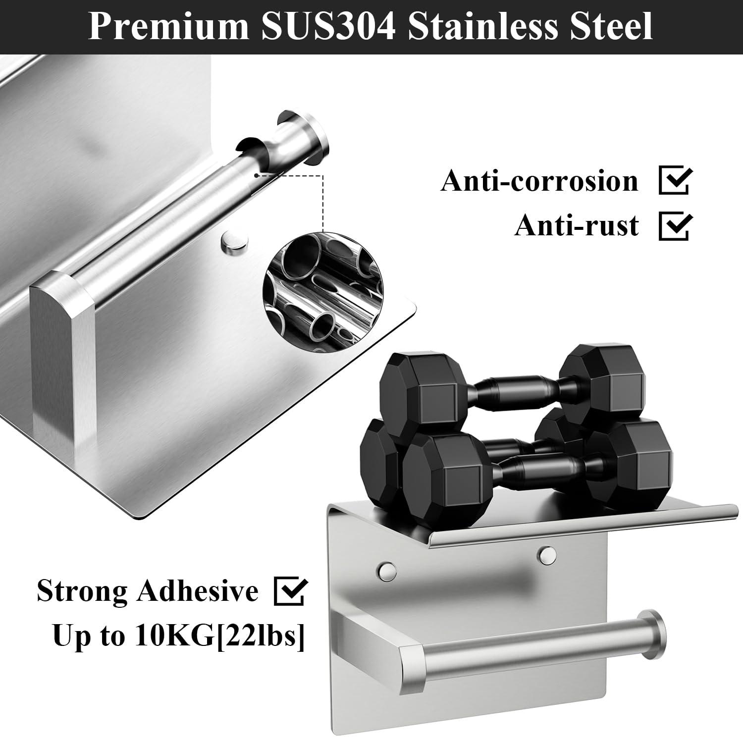 Tindbea Mega Size Toilet Paper Holder with Shelf + Towel Robe Hooks, Adhesive or Screw Wall Mounted Toilet Paper Roll Holder, Stainless Steel Bathroom Hardware Set (Brushed Nickel)