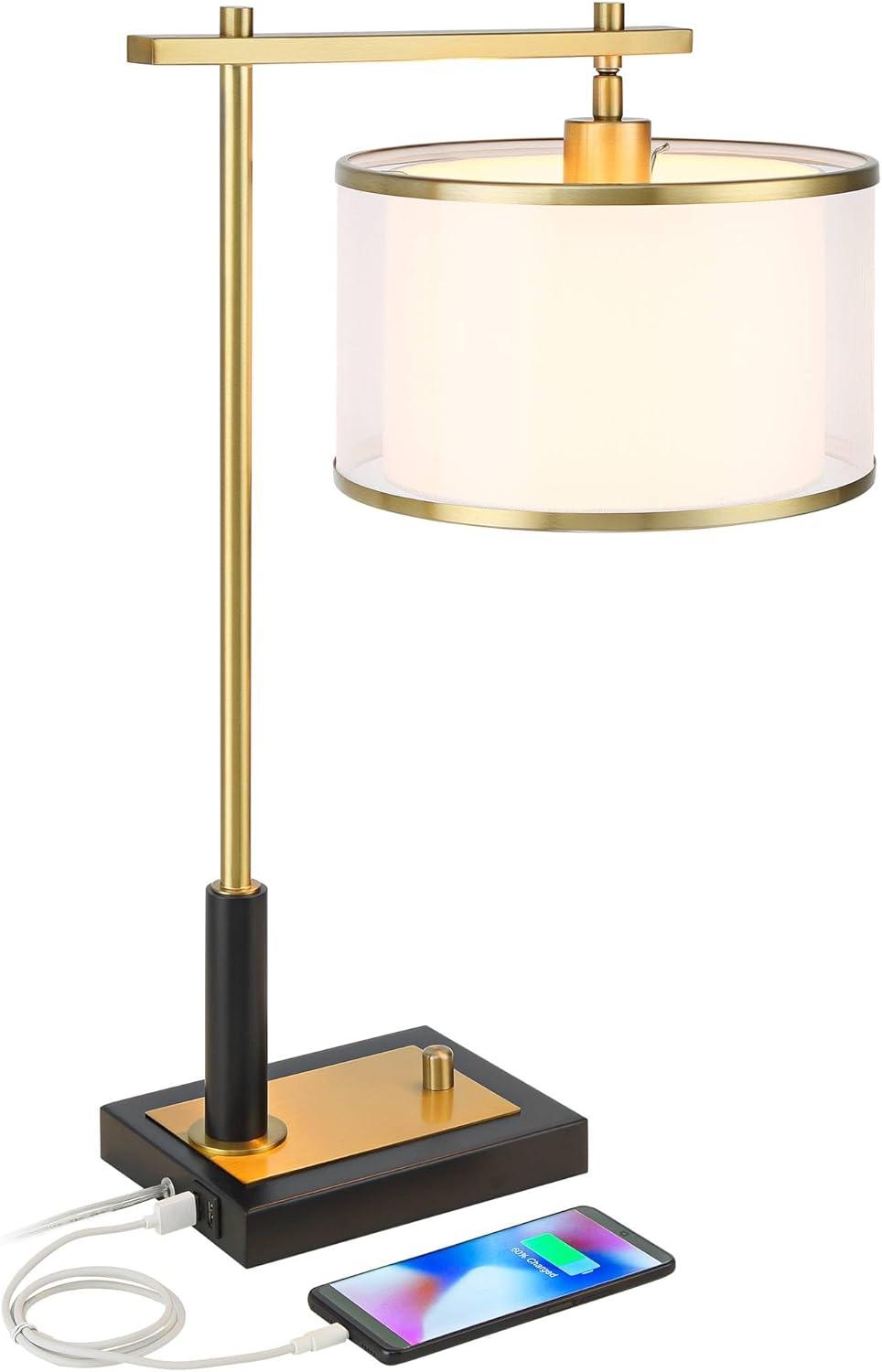 Possini Euro Design Hayven 23 1/2" High Small Mid Century Modern Desk Lamps Set of 2 Dual USB Ports Black Gold Metal Home Office Living Room Charging