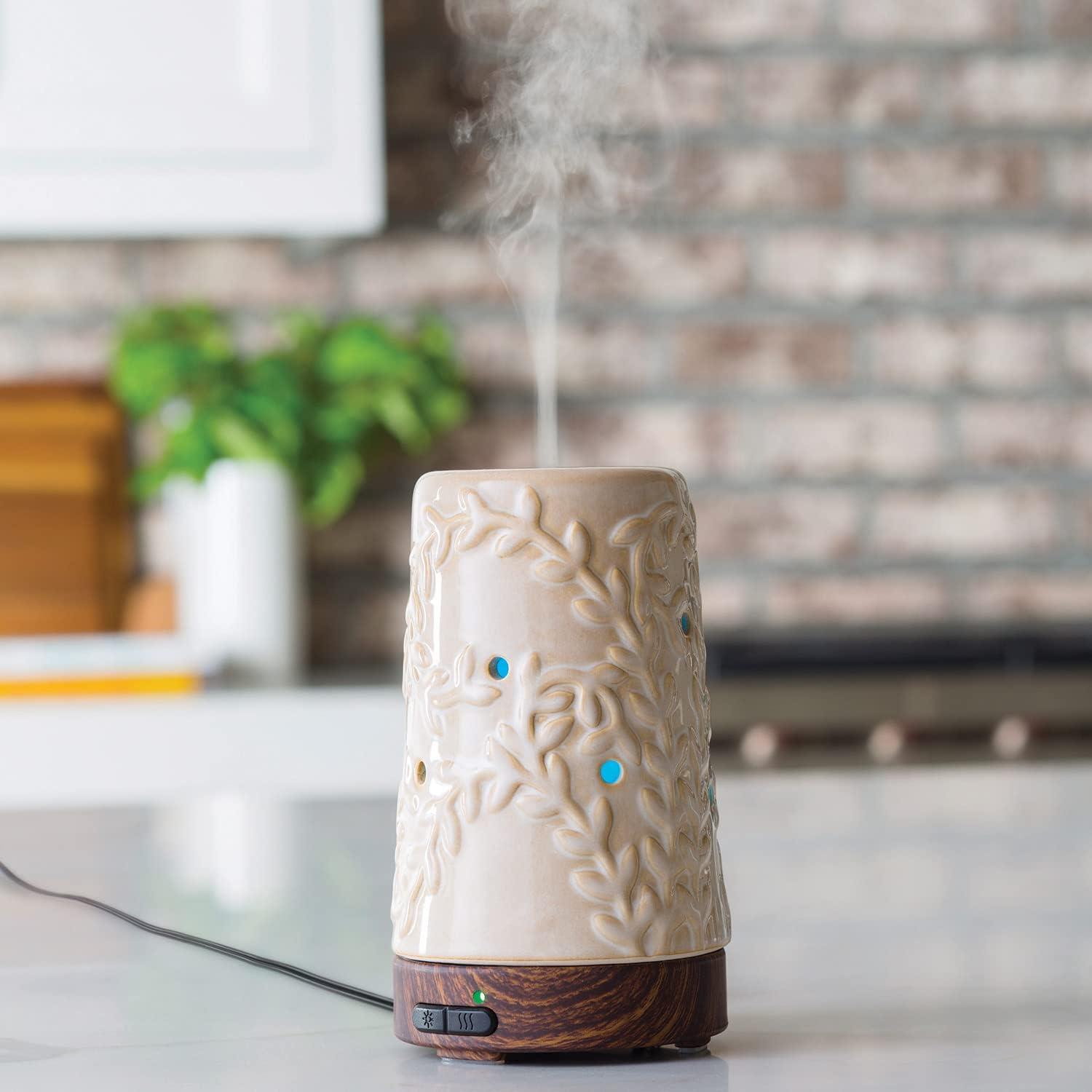 Flourish Cream Ceramic Essential Oil Diffuser with LED Lights, 100 mL