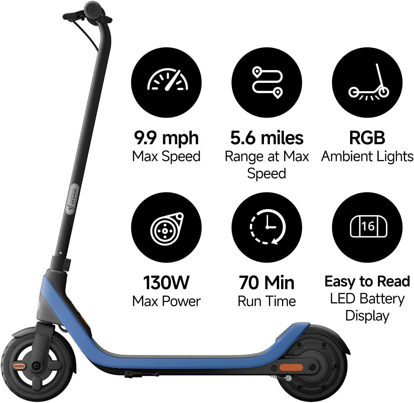 Segway Ninebot Electric Kick Scooter C2 Lite, Max Speed 9.9 mph, 70 minutes, Kids, Blue