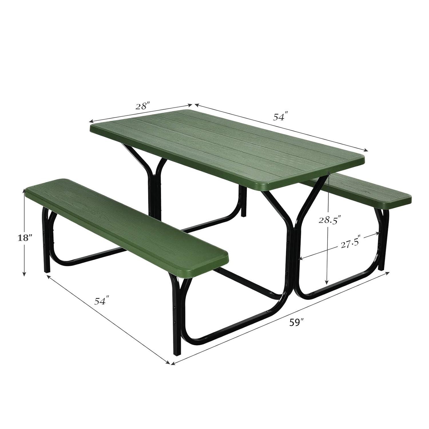 Giantex Picnic Table Bench Set Outdoor Camping All Weather Metal Base Yard Pool Dining Party Garden Patio Lawn Deck Large Camping Table (Green)