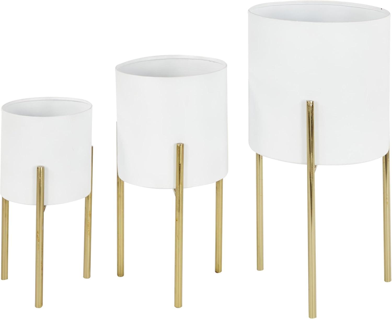 DecMode 18", 14", 12"H White Metal Planter with Removable Gold Stand (3 Count)