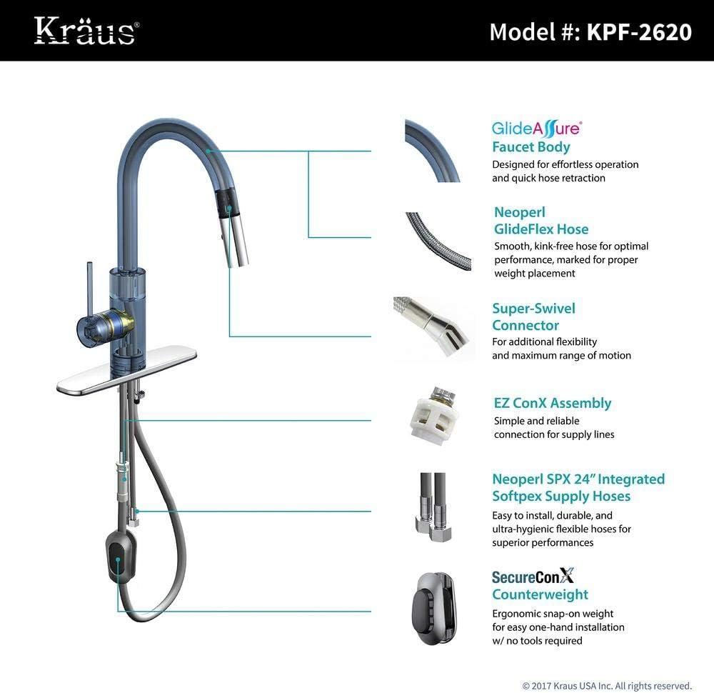 KRAUS Oletto Single Handle Pull Down Kitchen Faucet with QuickDock Top Mount Installation Assembly