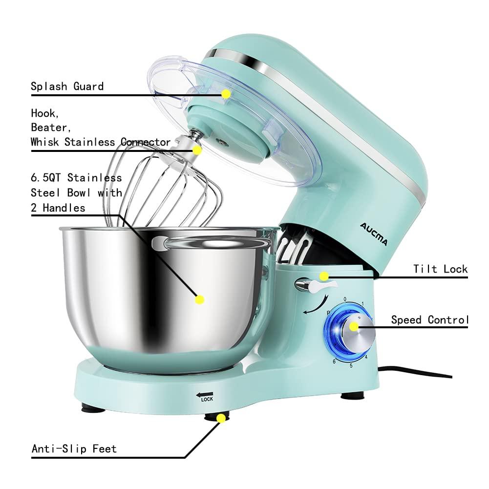 Aucma Stand Mixer,6.5-QT 660W 6-Speed Tilt-Head Food Mixer, Kitchen Electric Mixer with Dough Hook, Wire Whip & Beater (6.5QT, Blue)