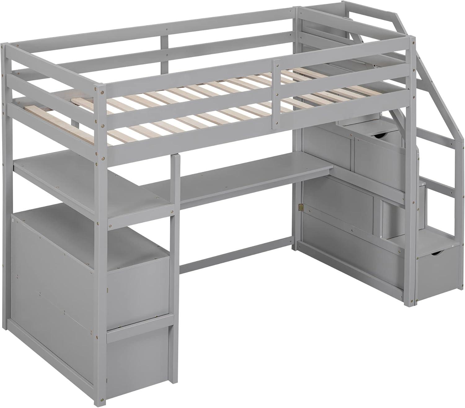 Stairway Twin Size Loft Bed with L Shape Desk, Shelves, Two Tier Drawers and Storage Staircase, Gray