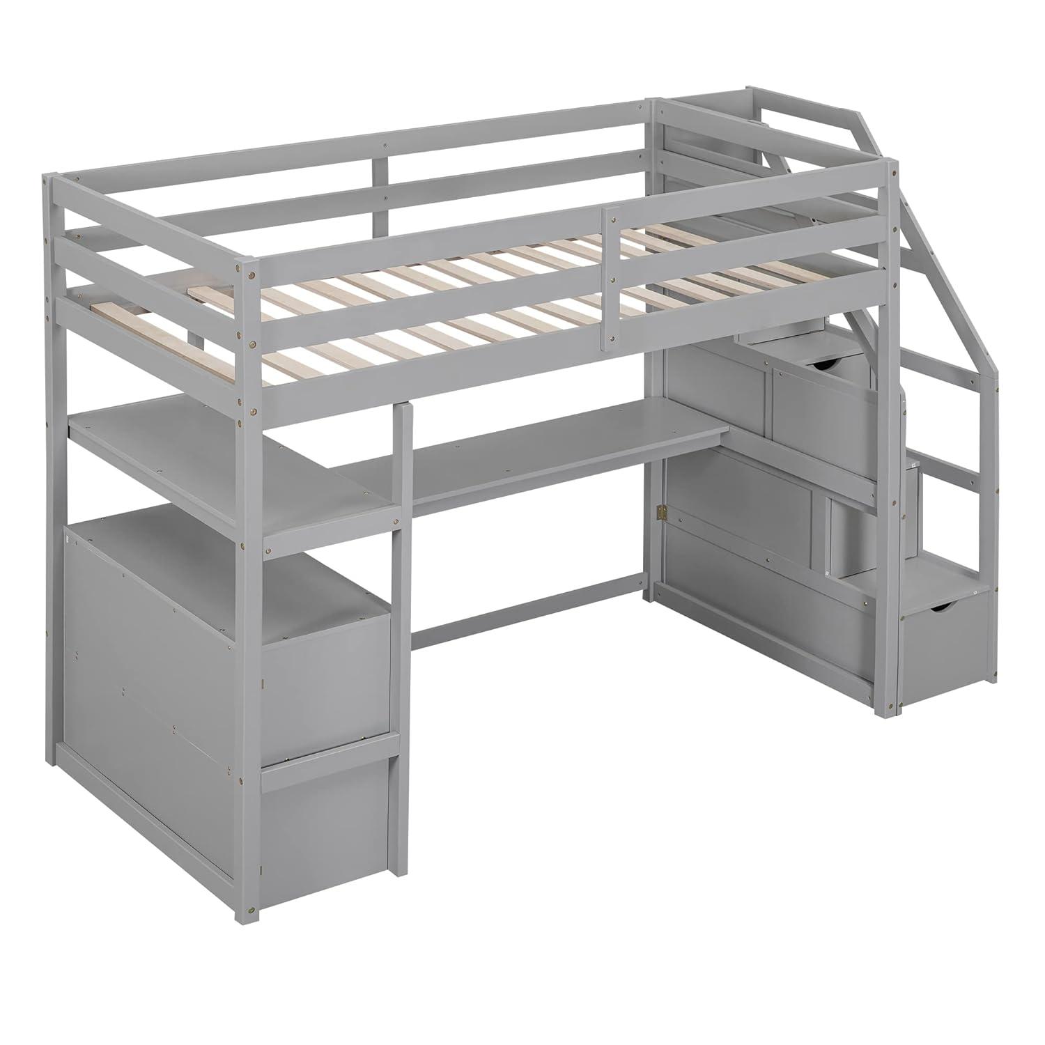 Stairway Twin Size Loft Bed with L Shape Desk, Shelves, Two Tier Drawers and Storage Staircase, Gray