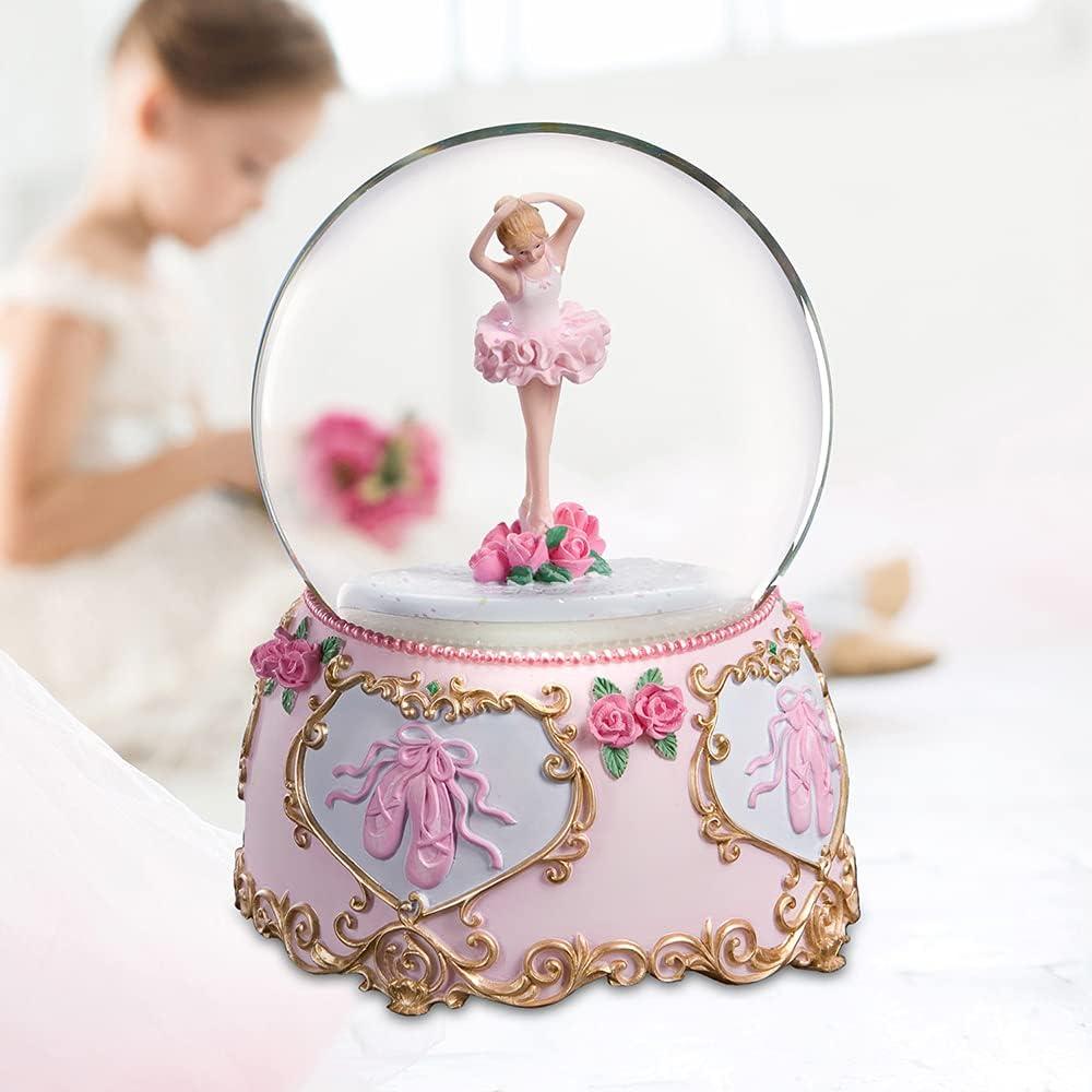 Pink and Gold Ballerina Water Globe with Floral Accents