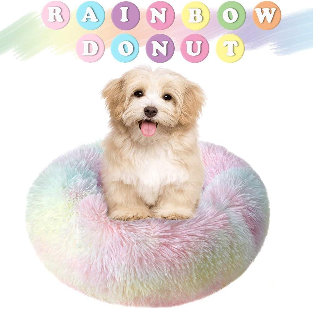 otoez Kitten Puppy Bed Extra Small XS Round Dog Cat Beds Anti Anxiety Plush Pet Calming Donut Bed with Non-Slip Waterproof Bottom, Washable (15.7", Rainbow)